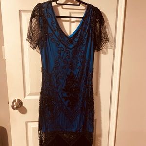Blue , sequin, fringe, cocktail dress, size XL.
